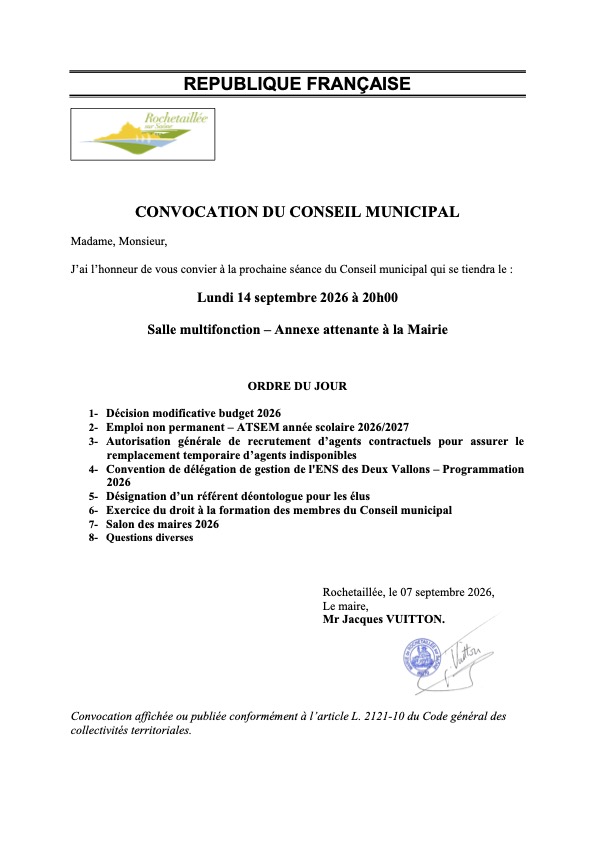 Prochain Conseil Municipal - 14 septembre 2026