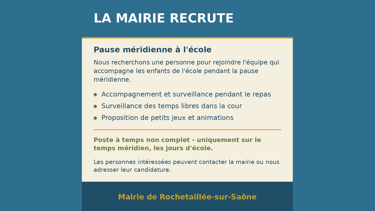 La mairie recrute pour la pause méridienne à l'école